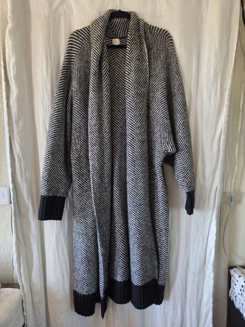 A New Day | Long Open-Front Black and White Herringbone Sweater Cardigan